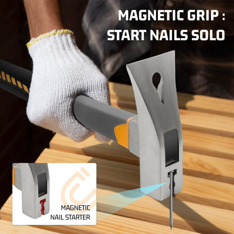 All In One Pry Bar Hammer With Nail Puller, 12.5 Inch Heavy Duty Multi Tool, rubber grip, demonstrated with magnetic nail starter