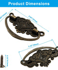 Product dimensions of Six Pack Vintage Antique Bronze Drawer Pull Handles With Backplates, showing detailed size and zinc alloy material.