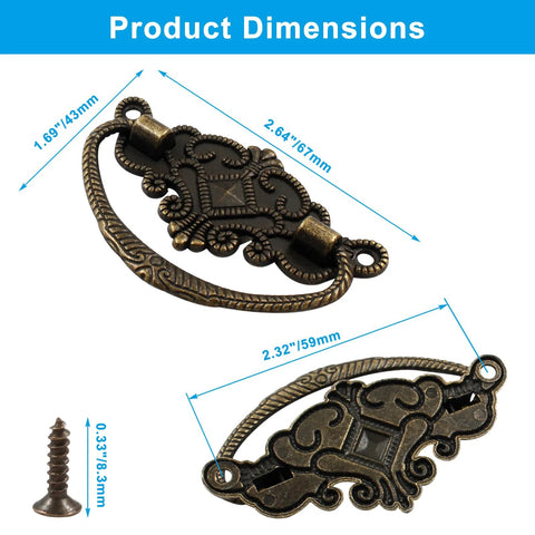 Product dimensions of Six Pack Vintage Antique Bronze Drawer Pull Handles With Backplates, showing detailed size and zinc alloy material.