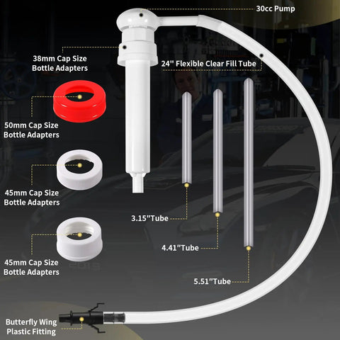Handy 30cc Fluid Pump For Gallon Bottles With 4 Cap Adapters 38mm 40mm 43mm 50mm And Extension Tubes visual components