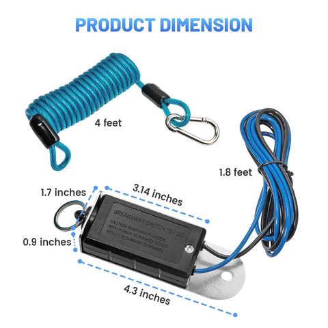Road Ready Trailer Breakaway Switch With 4 Foot Coiled Cable And Rugged Carabiner dimensions and features