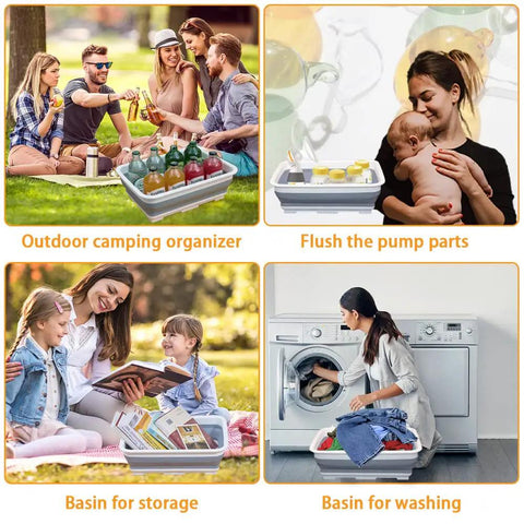 Collapsible Dish Pan 10L Folding Sink Basin for dishwashing, camping, RV, vegetable cleaning shown in various usage scenarios
