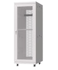 Heavy Duty 42U Server Cabinet With Smooth Rolling Casters Locking Door LCD Screen Cooling Fans Smart Thermo System Plug And Play Powerbar Top Shelf Adjustable Mounting Rails Badass Setup For Rack Hardware 24 X 35 X 84 Inches, front view with mesh door.