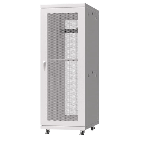 Heavy Duty 42U Server Cabinet With Smooth Rolling Casters Locking Door LCD Screen Cooling Fans Smart Thermo System Plug And Play Powerbar Top Shelf Adjustable Mounting Rails Badass Setup For Rack Hardware 24 X 35 X 84 Inches, front view with mesh door.