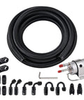 Kickass 6AN Braided Fuel Line Kit for LS Swap and EFI Conversion with 58 PSI Regulator, hose, and fittings.