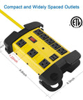 Heavy Duty Metal Power Strip With USB Ports 8 Outlets 2700 Joules Surge Protector Pro Grade Industrial 15 Amp 6 Foot Extension Cord Wall Mountable Wide Spaced Outlets Yellow