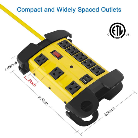 Heavy Duty Metal Power Strip With USB Ports 8 Outlets 2700 Joules Surge Protector Pro Grade Industrial 15 Amp 6 Foot Extension Cord Wall Mountable Wide Spaced Outlets Yellow
