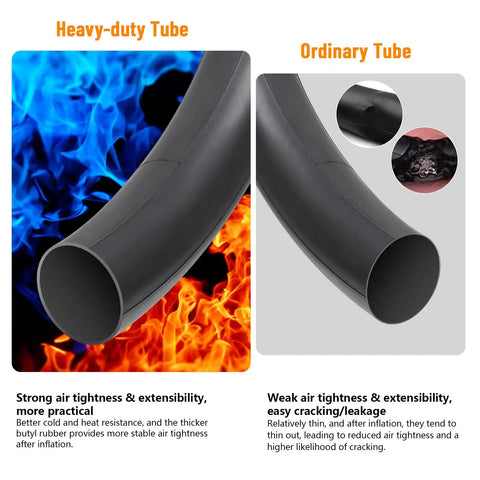 Two Pack 20 Inch Heavy Duty Bicycle Tubes With TR4A-40L Schrader Valve Fits 20 X 1.75 1.90 1.95 2.0 2.125 2.25 Tires 45/57-406 Durable Inner Tubes For Mountain And City Rides; comparison of heavy-duty and ordinary tube with fire and ice background.
