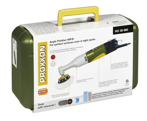 Product package showing Dope Angle Polisher For Tight Spots And Finishing Touches With Variable Speed Control, case and parts displayed