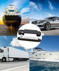 Bulletproof 12V 150A Bus Bar With Secure Snap Terminals And Genuine Copper Core on display with truck, car, cargo ship, and boat.