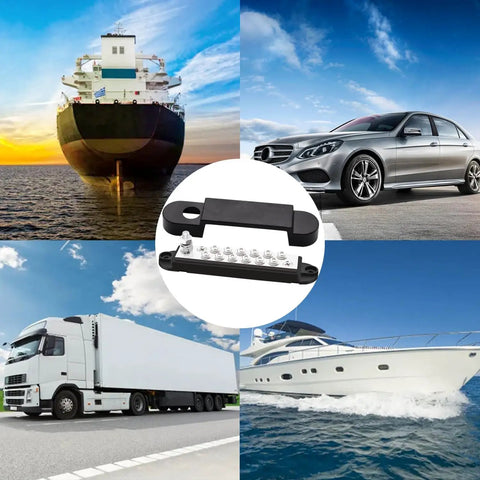 Bulletproof 12V 150A Bus Bar With Secure Snap Terminals And Genuine Copper Core on display with truck, car, cargo ship, and boat.