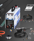 7 In 1 Multiprocess Welder System With 130 Amp Output Dual Voltage 120V And 240V Handles MIG Flux Core Stick Lift TIG Aluminum Welding Plasma Cutting And Spool Gun For Garage Projects, shown with accessories on a black background.