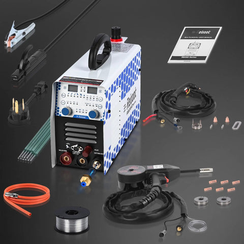 7 In 1 Multiprocess Welder System With 130 Amp Output Dual Voltage 120V And 240V Handles MIG Flux Core Stick Lift TIG Aluminum Welding Plasma Cutting And Spool Gun For Garage Projects, shown with accessories on a black background.