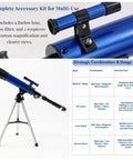 Blue Beginner Kids Telescope With 50mm Aperture And Tripod, 20x-100x Magnification, Two Eyepieces And Finder Scope, STEM Educational Gift