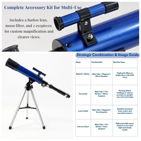 Blue Beginner Kids Telescope With 50mm Aperture And Tripod, 20x-100x Magnification, Two Eyepieces And Finder Scope, STEM Educational Gift