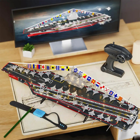 Heavy Duty RC Aircraft Carrier Boat With 2 4 GHz Dual Motors model on table, remote control, realistic warship action scene displayed