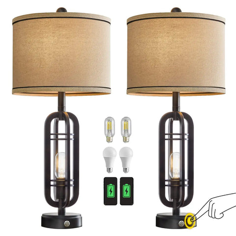 3 Way Dimmable Modern Touch Control Table Lamp Set Of 2 Vintage Farmhouse Rustic Bedside Lamps With Dual USB Ports 27.25 Inch