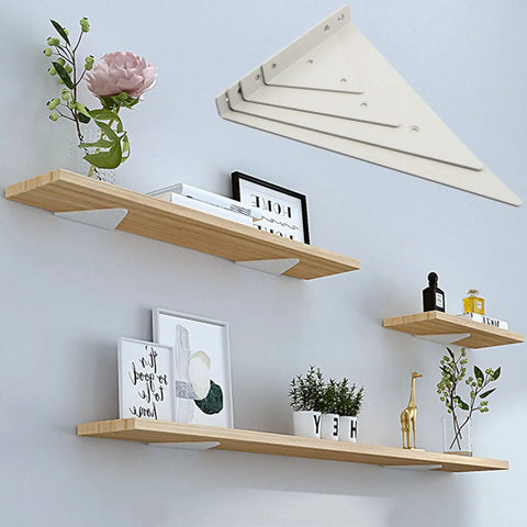 Hella Sturdy Hidden Shelf Brackets Weight Bearing Floating Support Heavy Duty Triangle Wall Mounts For Living Room Decor And Rust Resistant Display 2 Pack White on wooden shelves with decor