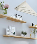 Built Tough Hidden Shelf Brackets For Floating Walls, Heavy Duty Triangle Support That Holds Up Like Champs, Rust Proof White Steel Plate With Smooth Finish, No Sweat Install 5.5 Inch Wall Mount Pair with displayed shelves.