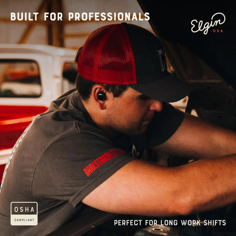 Man wearing True Wireless Earbuds With 31 dB Noise Reduction, Bluetooth Headphones, Noise Isolating Mic while working on car engine