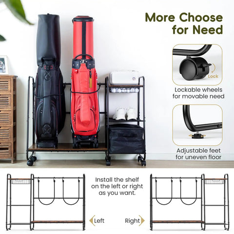 Garage Ready Golf Bag Storage Organizer For Two Bags With Wheels And Stable Feet Large Capacity Golf Gear Rack display