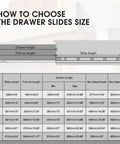 Sizing guide for Tough As Nails Undermount Drawer Slides 6 Pair Soft Close 9 Inch with specifications for installation.