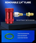 Quick Coupler Kit For Car AC Systems, red R1234yf adapter with removable 1/4" flare and green O-ring dimensions displayed