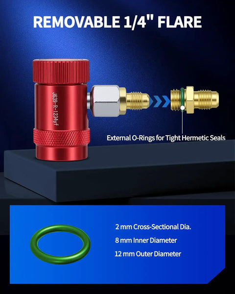 Quick Coupler Kit For Car AC Systems, red R1234yf adapter with removable 1/4" flare and green O-ring dimensions displayed