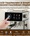 Digital Touchscreen Espresso Maker With 20 Bar Pressure Pump And Dual Spout Portafilter 51 Oz Tank Built In Timer showing LCD display and brewing options.