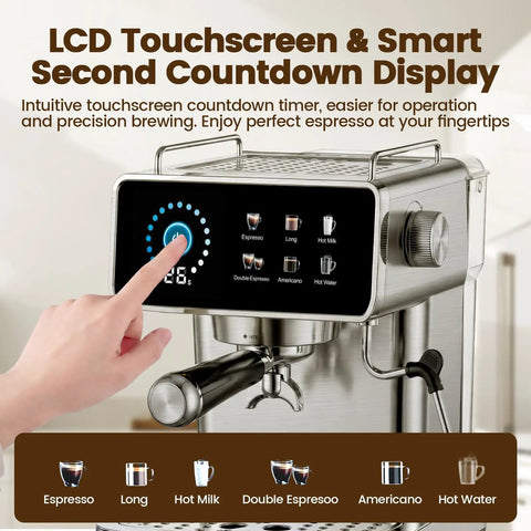 Digital Touchscreen Espresso Maker With 20 Bar Pressure Pump And Dual Spout Portafilter 51 Oz Tank Built In Timer showing LCD display and brewing options.