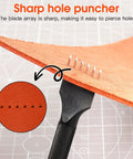 Pro Grade Leather Craft Tools Set With Diamond Stitch Punches 4mm Prongs Inner Teeth Tapered Design For Smooth Labor Saving Punching And Durable High Carbon Steel Build shown in use piercing leather.