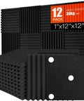 Heavy Duty Acoustic Foam Panels 12 Pack 1 Inch Thick 12 By 12 Black Wedge For Studio Recording Home Office And YouTube Content Creators Noise Reduction And Echo Control, showing stacked black foam panels.