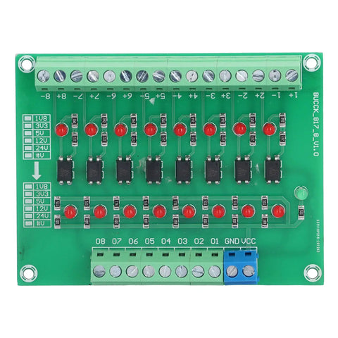 Eight Channel Optocoupler Isolation Module for PLCs 24V Input to 3V3 and 5V Logic Level Shifter with visible circuit components