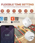 Smart plug with flexible time setting connected to heating cables, showing energy usage on smartphone.