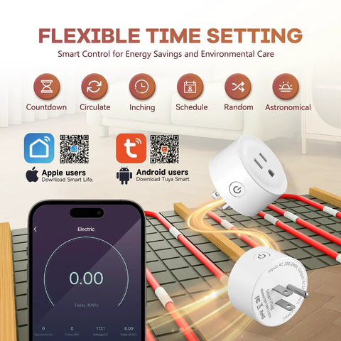 Smart plug with flexible time setting connected to heating cables, showing energy usage on smartphone.