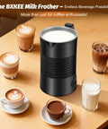 4 In 1 Milk Frother And Steamer For Hot And Cold Foam, 11.8 oz Capacity in black, surrounded by cups of latte and cappuccino