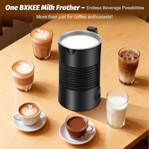 4 In 1 Milk Frother And Steamer For Hot And Cold Foam, 11.8 oz Capacity in black, surrounded by cups of latte and cappuccino