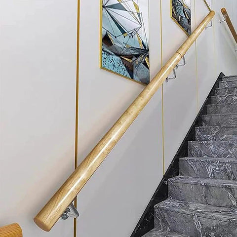 Hardcore Wood Stair Handrail Wall Mounted Banister No Sweat Setup Heavy Duty Safety Railing featuring rounded corners along staircase.