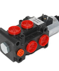 Summit Hydraulics hydraulic solenoid selector/diverter valve, 13 GPM, 12V DC, black body with red port openings.