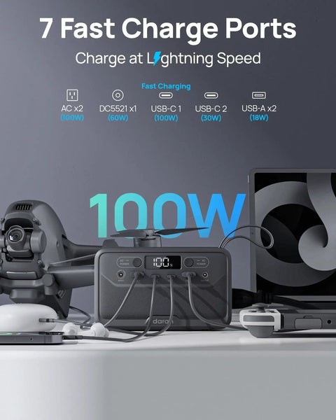Portable Power Station 89.6Wh LiFePO4 Battery with Solar Ready 100W and USB C PD charging multiple devices on table