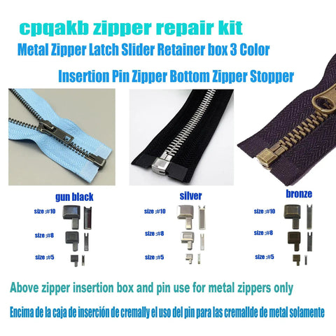 52 Piece Zipper Repair Kit With Metal Head Sliders Retainers And Insertion Pins In 3 Colors And 3 Sizes Includes Stops Bottoms And U Shape Pieces For Size 10 8 5 Zippers Easy Diy Fix For Stuck Or Broken Zippers showcasing various zipper components in gun black, silver, and bronze.