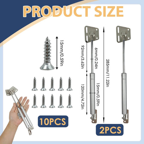 2 Pack Drop Down Gas Struts 150N 33 Lbs Soft Close Lid Supports with screws for downward opening flaps shown in hand and dimensions