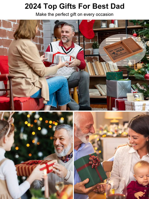Collage of family gift exchanges with a focus on a Valet Tray With Integrated Wireless Charger For Dad Youre My Hero Engraved.