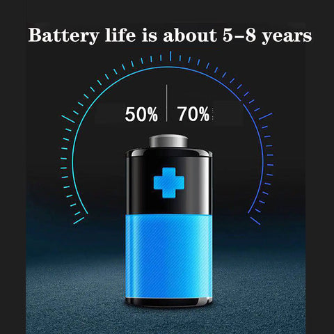 Illustration of a battery showing 50%-70% charge level, highlighting battery life of 5-8 years, with blue and black design.