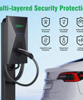 Level 2 EV Charger For Tesla With 50 Amp 240V Fast Home Charging, Smart App Control And WiFi next to Tesla car