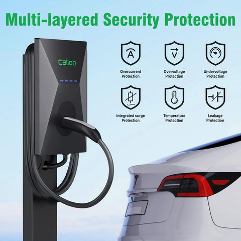 Level 2 EV Charger For Tesla With 50 Amp 240V Fast Home Charging, Smart App Control And WiFi next to Tesla car