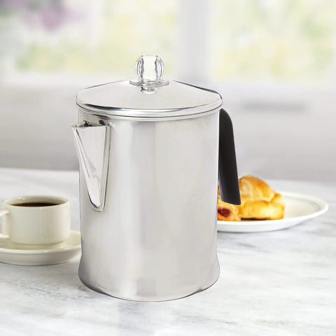 Aluminum Stovetop Percolator Coffee Maker Delivers Rich Flavor In Minutes 9 Cup Durable Silver Finish on kitchen counter