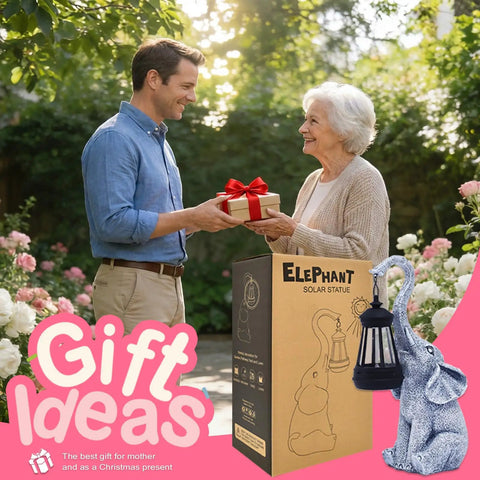 Man gifting Elephant Statue Garden Decor With East Asian Charm to an elderly woman, gift packaging shown
