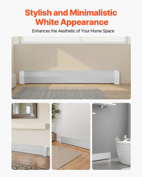 5 Ft Baseboard Heater Cover installed in a bedroom, heavy duty steel front panel, durable white finish, enhances home aesthetics