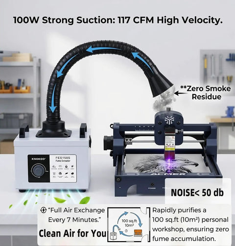Solder Fume Extractor with 100W power actively removing smoke from laser engraving, emphasizing beefy suction and zero smoke residue.